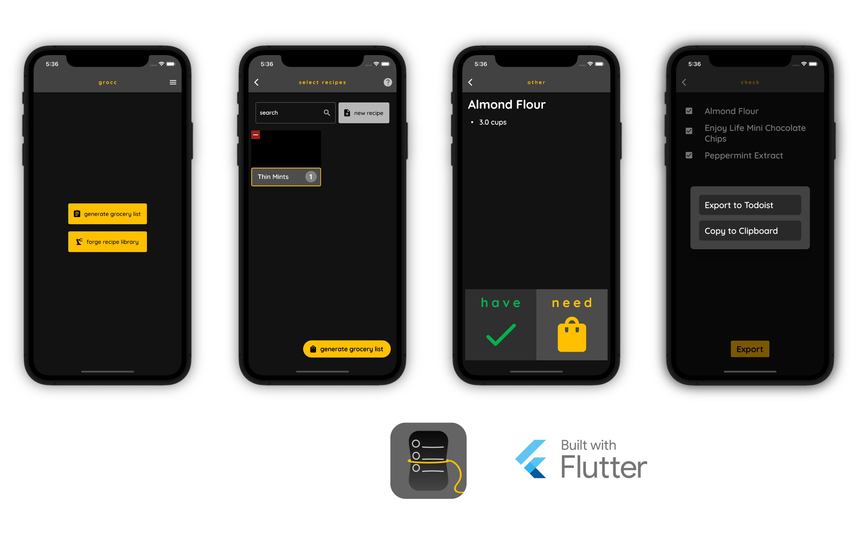 Four screenshots of the grocc App, along with branding for Flutter which the app was built with, and finally the App Icon.